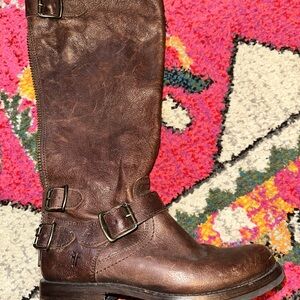 Frye Brown Leather Mid-Calf Buckle Riding Boots